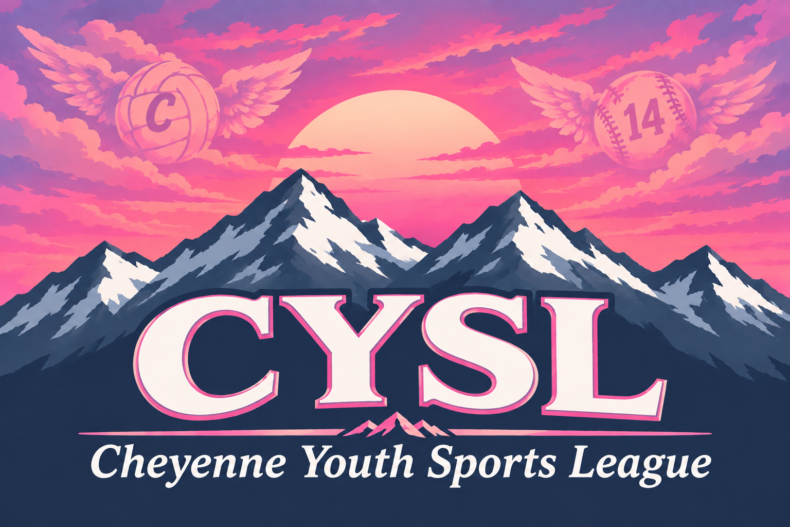 CYSL — Cheyenne Youth Sports League, with mountains beneath a pink sunset